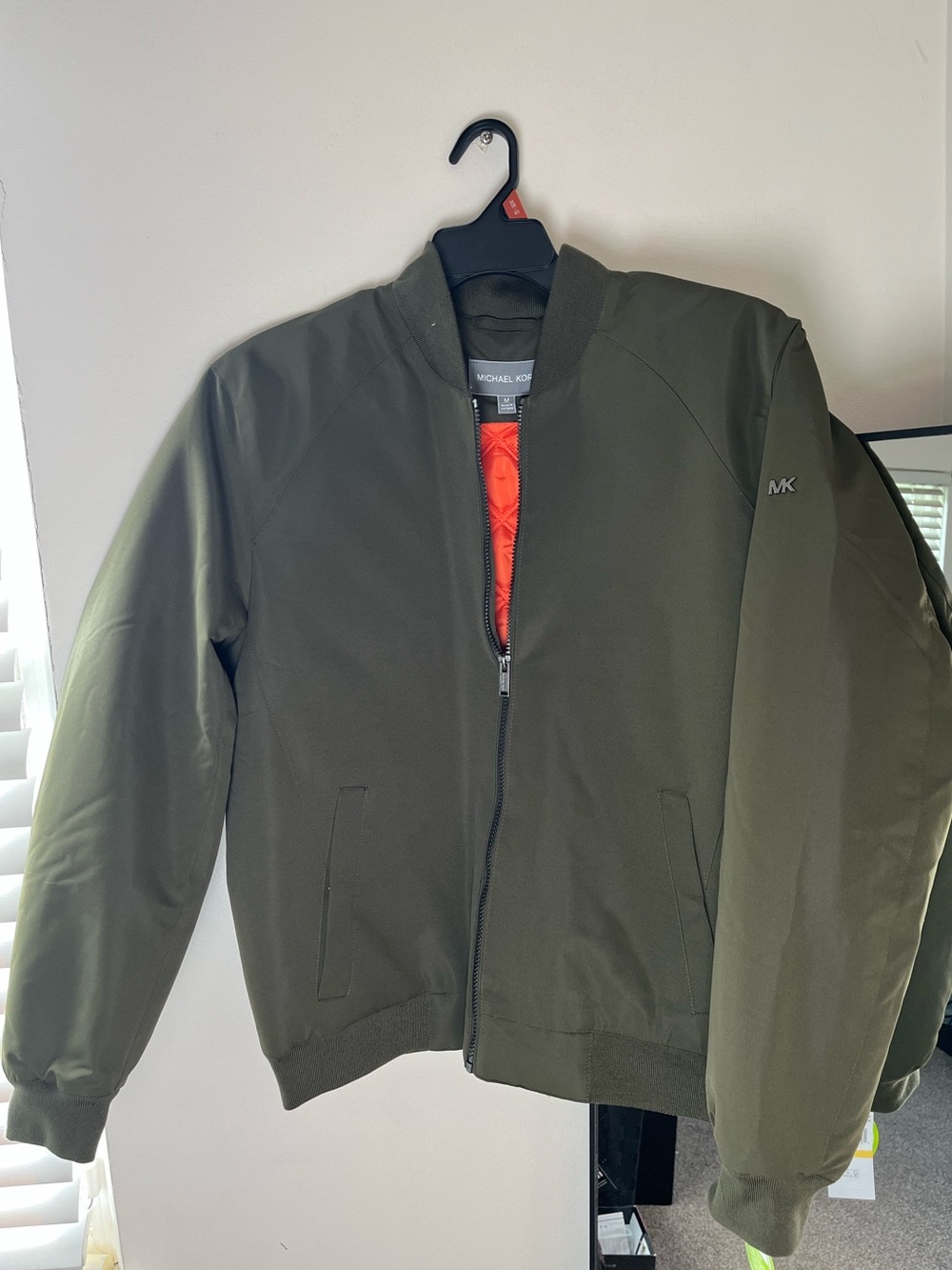 Michael Kors Olive Green Bomber Jacket with Orange Lining